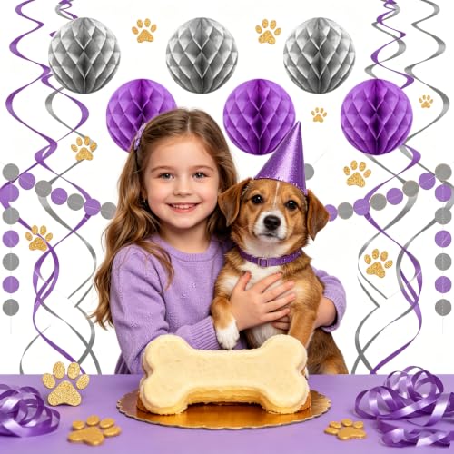 Image of Purple Silver Birthday Decorations, Happy Birthday Banner with Honeycomb Balls, Circle Dot Garland and Hanging Swirl Decorations for Women Men Boys Girls (Purple Silver)