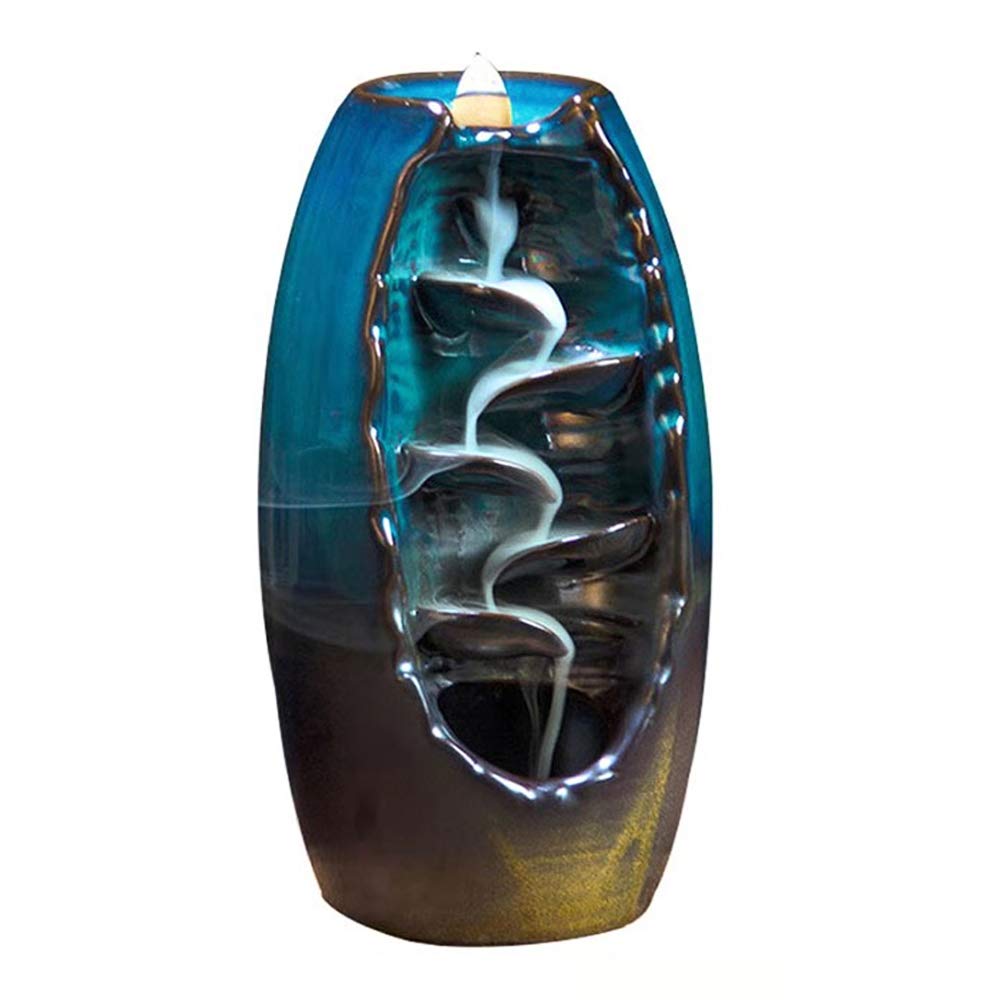 Bruciatore incenso riflusso, ornamenti di incensiere a cascata, decorazioni in ceramica blu aromaterapia, decorazioni per la casa in stile retrò, con 40 tubi di incenso + 1 cuscino + 1 pinzetta