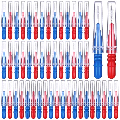 Cepillos interdentales, 50 unidades de palillos de hilo dental para dientes, cepillos interdentales para limpiar espacios entre los dientes (azul + rojo)