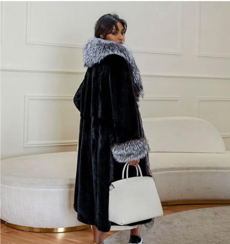 Shaggy Faux Fur Long Sleeve Long Length Black Coat Fluffy Grey Collar Women's Fashion Outwear