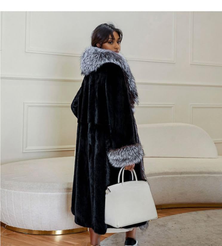 Shaggy Faux Fur Long Sleeve Long Length Black Coat Fluffy Grey Collar Women's Fashion Outwear4