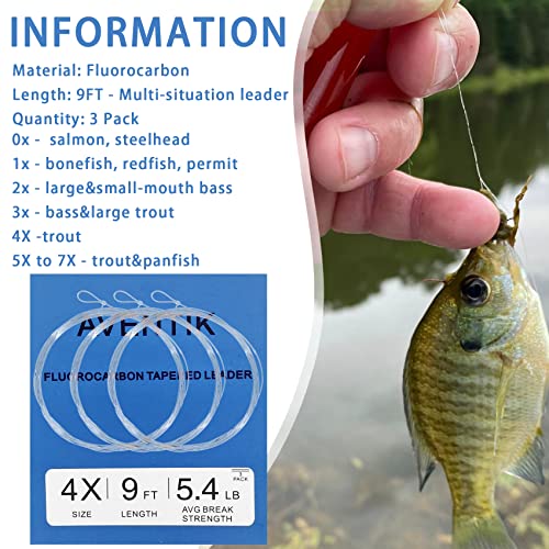 3Pc Aventik Fly Fishing Tapered Leader Premium Fluorocarbon Fly Fishing Line Pro Tied-Looped Freshwater/Saltwater 9Ft Fly Fishing Leaders X0 To X7 (3X-6.9Lb) #TOP3