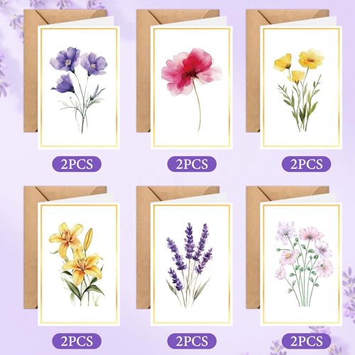 DEARBAG Grußkarten Set mit Umschlag, Geburtstagskarten Glückwunschkarte Blumen, 12 Stück Faltkarten mit Umschlag Aufkleber, Florale Karten für Geburtstag Weihnachten Neujahr Valentinstag Jahrestag