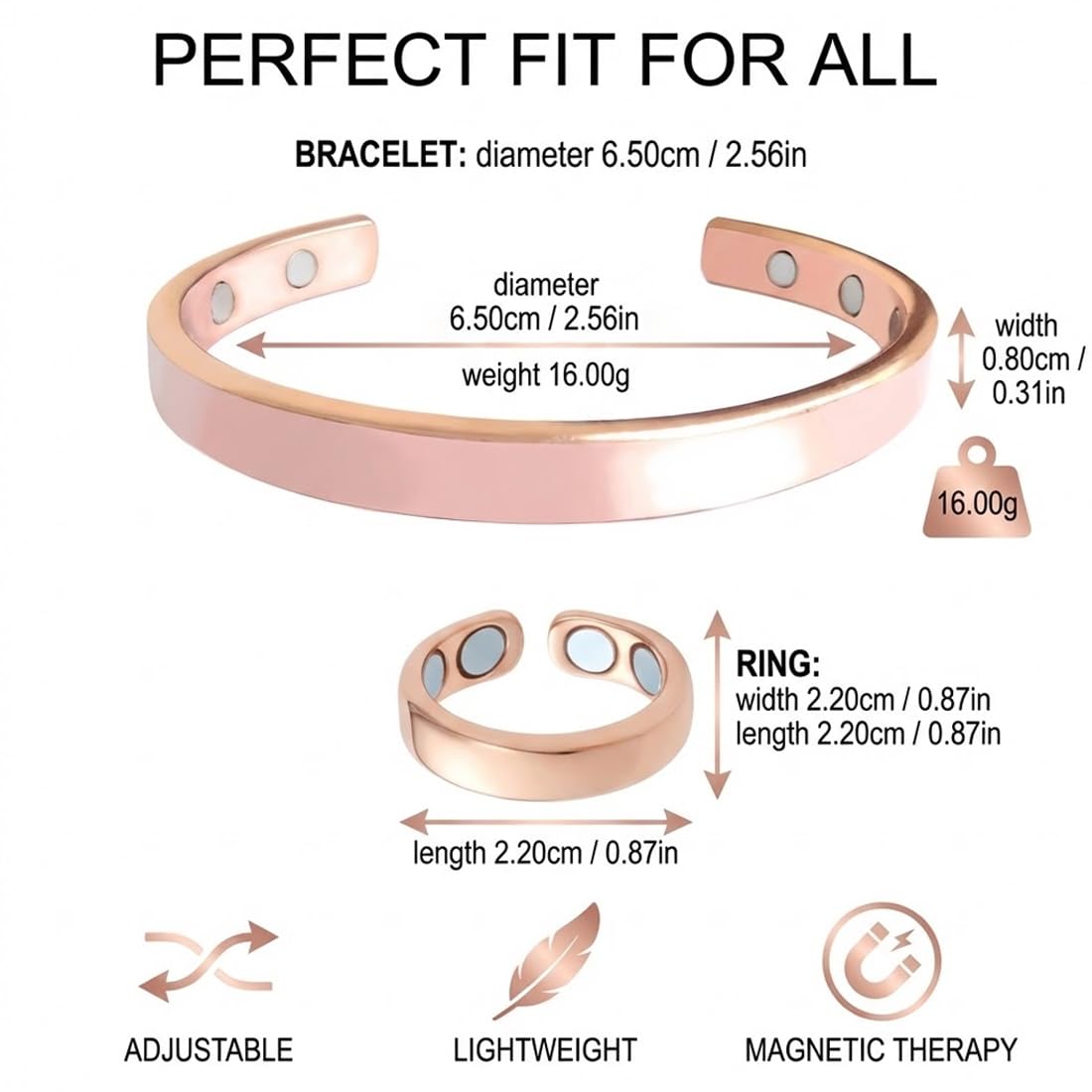 Pulsera y Anillo magnéticos Ajustables de Cobre con 8 imanes Integrados, Unisex (Oro Rosa)