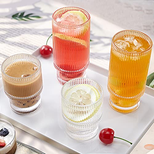Yl-Esh Drinking Glasses Origami Style Set Of Glass Cups, 4 Highball Glasses & 4 Rocks Glasses, Elegant Ripple Vintage Glassware, Iced Coffee Glasses, Ideal For Wedding, Whiskey, Beer, Cocktail, Juice #TOP2
