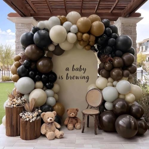 Black Brown Tan Balloon Arch Kit, Double Stuffed Dark Brown Black Grey White Sand Beige Neutral Balloon Garland for Western Cowboy First Rodeo Halloween Birthday Baby Shower Fall Party Decor