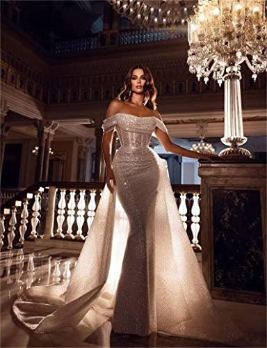 Sparkly Mermaid Prom Dresses for Women Sequin Off The Shoulder Detachable Train Evening Dresses Long Ball Gown3
