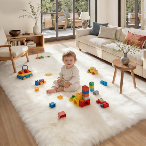 Fluffy Rugs, Faux Sheepskin Area Rug, White Faux Fur Rug, Washable Non Slip Soft Shaggy Rugs, High Pile Rug Rectangular Fluffy Carpet, Bedside Rugs for Bedroom, Living Room (White, 120x160CM)