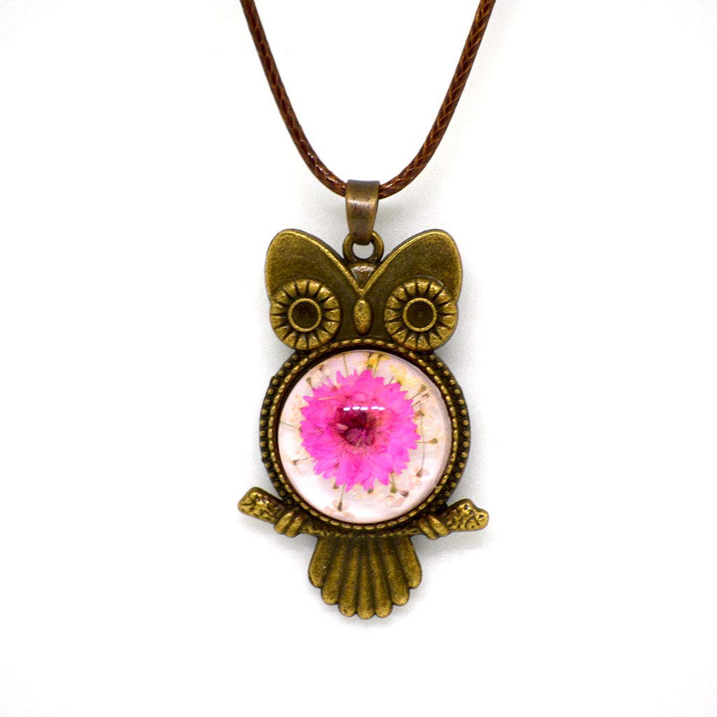 myBageecha- Natural Dried Flower Giggle and Hoot Necklace Owl's Efflorescence Necklace Distressed Flower Pendant Costume Amber owl Necklace Craft Pendant Jewelry Owl Necklace