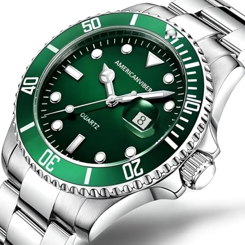 Image of AMERICANVIBER Luxury Diver Watch with Green Dial, Stainless Steel Band, Date Display, Quartz Movement