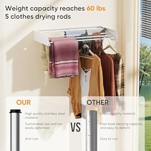 Wall Mounted Drying Rack Laundry Clothes Drying Rack Foldable Collapsible Drying Rack Clothing Wall Mount with 2 Towel Handles and Wall Template for Indoor Outdoor Hanging Clothes 5 Rods 315 Inch