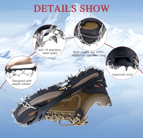 Crampons, Ice Cleats for Shoes and Boots, Traction Snow Grips, Anti Slip 19 Stainless Steel Spikes Safe Protect for Women Men Kids Hiking Climbing (Black, L)