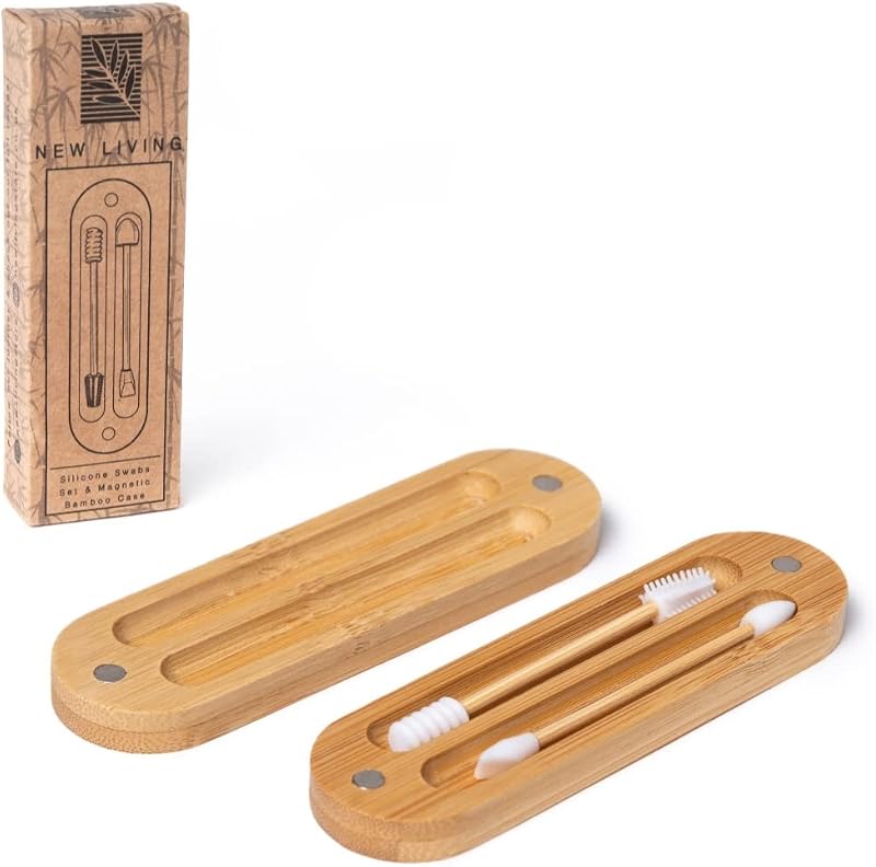 Hastes de silicone para maquiagem New Living com estojo de bambu, conjunto com 2