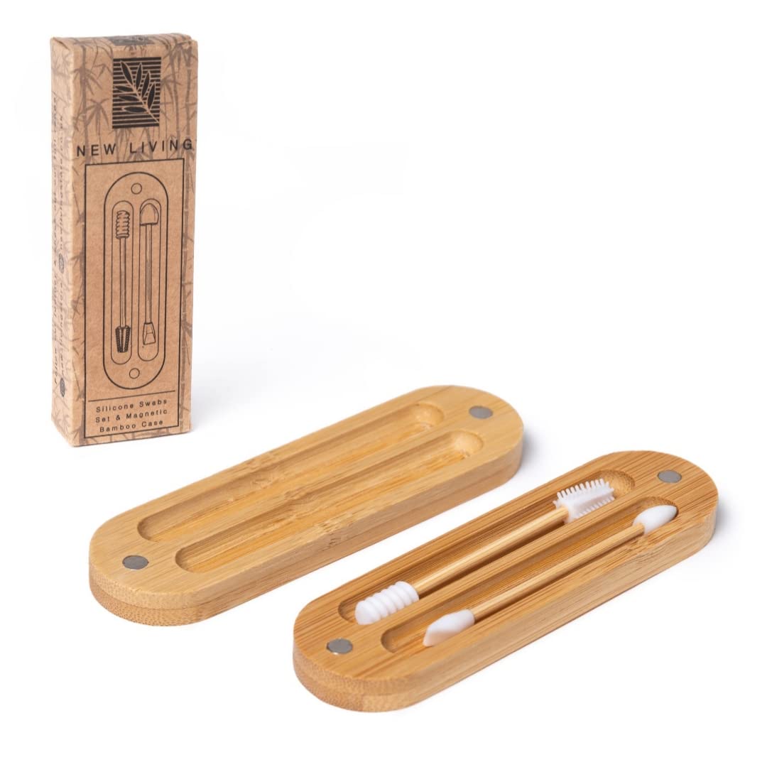 Silicone Make Up Swabs Set of 2 with Bamboo Case By New Living Eco Friendly Reusable Silicone QTips