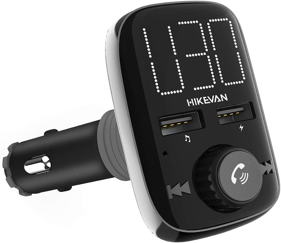 [New Version] HIKEVAN Bluetooth FM Transmitter for Car Aux Radio Adapter Receiver Two Fast Charging Ports 2.4A USB/Micro SD MP3 Player Flexible Neck AUX In/Out for iPhone 7 iPad Samsung LG