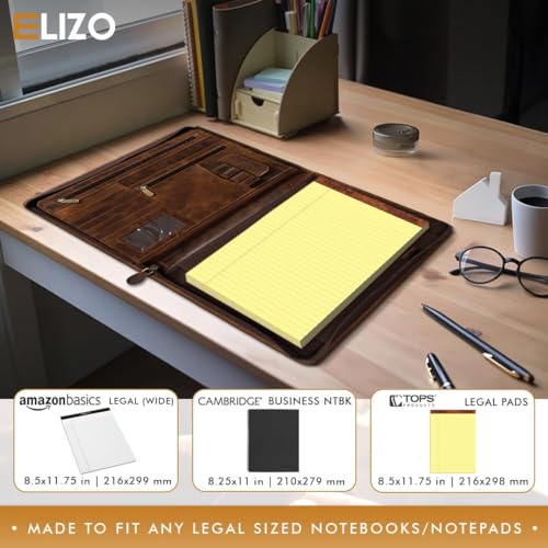 Leather Portfolio Padfolio Folder Binder Organizer Folio Business Zippered Portfolio for Men Women Professional Legal Notepad Notebook IPad Tablet Case - ELIZO