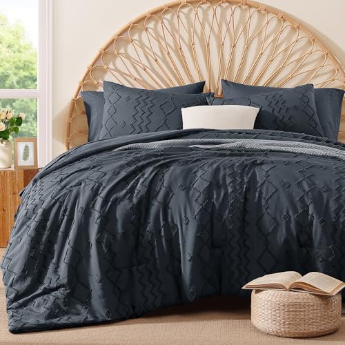 Image of AMBERSPACE Full Size Comforter Set Navy Blue, Tufted Boho Bedding Farmhouse Bed Set, All Season 7 Pieces Bed in a Bag with Sheets, Pillowcases & Shams