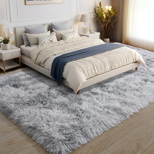 KING DARE 9x12 Area Rug for Living Room Plush Carpet, Soft Fluffy Shaggy Fuzzy Furry Large Black Rug, Anti-Slip Washable Modern Floor Carpet for Bedroom Home Aesthetic Decor, Tie-dye Grey