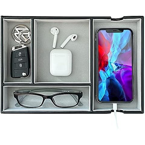 SUKKMORI Desktop Organizer Valet Tray - PU Leather Nightstand Organizer for Men and Women, Dresser Top Organizer with 4 Compartments, Jewelry Box for Keys, Wallet, Phone, Watch, Catchall Cover