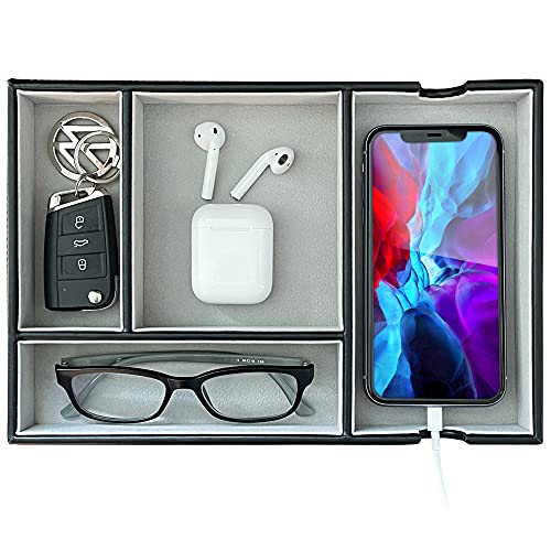 SUKKMORI Desktop Organizer Valet Tray - PU Leather Nightstand Organizer for Men and Women - Dresser Top Organizer with 4 Compartments - Jewelry Box for Keys, Wallet, Phone, Watch - Catchall EDC Tray