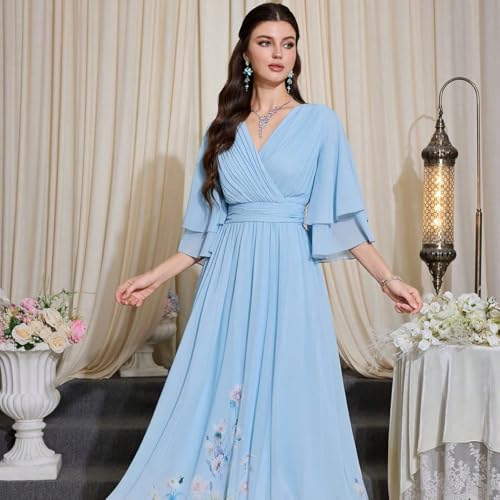 Image of TOLEEN Summer Casual Dresses for Women 2024 Spring Fashion Boho V Neck Long Sleeve Ruffle Floral Print Elegant Maxi Dress