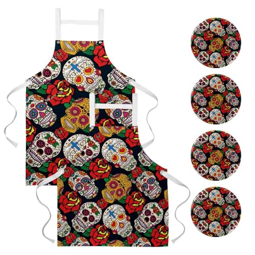 Tablier de serveuse restaurant imprimé crâne et rose avec broches incluses