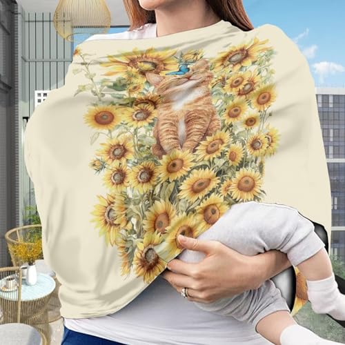 Image of Forchrinse Sunflower Cat Print Baby Car Seat Canopy for Boys Girls - Soft Nursing Breastfeeding Cover Stroller Cover Baby Car Seat Cover for Cat's Lover