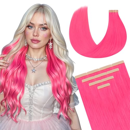 DOORES Tape-in Human Hair Extensions, Hot Pink 22 Inch 30g