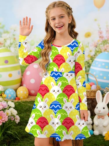 Image of Ithalt Girls Easter Dress Bunny Print Shirts Easter Long Sleeve Dresses Litter Girls Christian Easter Gifts 5-12y