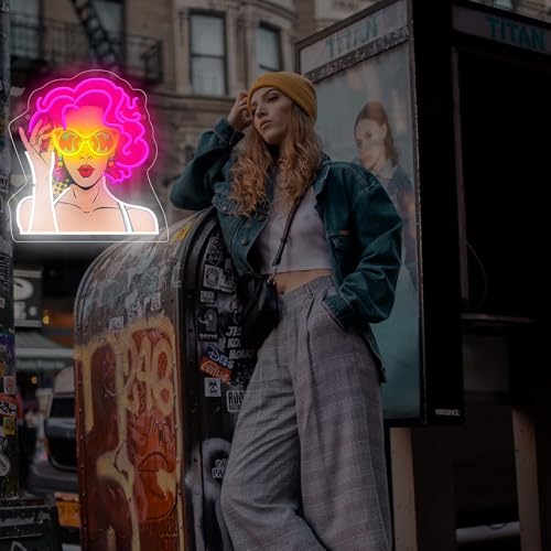 Image of Pop Art Beauty Lady Neon Sign For Wall Decor, Colorful UV Printed Neon Light with Retro Girl Design, LED Artwork for Bar, Bedroom, Game Room, Party Decoration Holiday Birthday Gifts