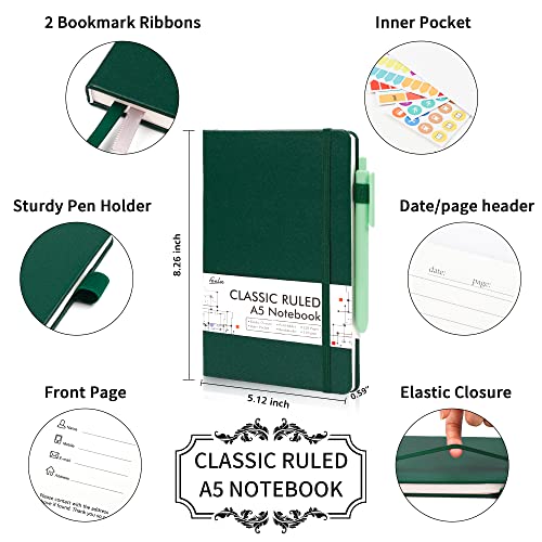 Feela 3 Pack Notebooks Journals Bulk With 3 Black Pens, A5 Hardcover Notebook Classic Ruled Lined Journal Set With Pen Holder For Work Business Journaling Note Taking, 120 Gsm, 5.1”X8.3”, Dark Green #TOP1