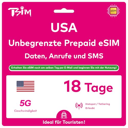 USA eSIM 18 Tage. T-Mobile Netzwerk mit Unbegrenzt Highspeed-Daten, Lokale Anrufe und SMS in den USA (Hawaii Inklusive). Erhalte eSIM Am Selben Tag per E-Mail und Beginne Sofort mit der Nutzung!