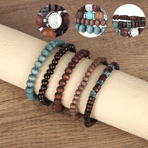5pcs Life Tree Beaded Bracelets for Women, Multilayer Boho Bracelets Stackable Handmade Wood & Alloy Bead Elastic Bracelet Jewelry Gifts for Women Men4