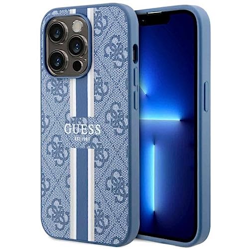 Guess GUHMP14LP4RPSB Coque Rigide pour iPhone 14 Pro 6,1" Bleu à Rayures imprimées 4G