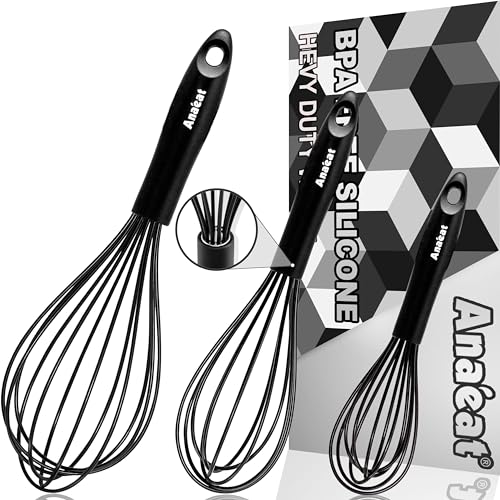 Anaeat Silicone Balloon Whisk, Perfect for Non-Stick Cookware, Milk and Egg Beater Blender, Heat Resistant Kitchen Whisks for Whisking, Cooking, Baking, Beating, Frothing & Stirring (Black)