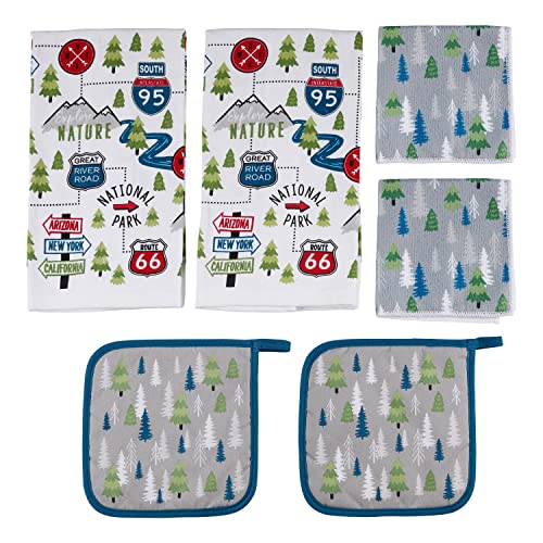 Image of Lippert Road Sign RV Kitchen Towel & Potholder Set, 6 Pieces, Unique Road Trip Design - Two Kitchen Towels, Two Dish Cloths and Two potholders Rated up to 400F - Machine Washable - 2022107828
