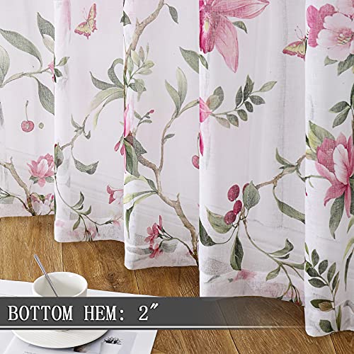 Tollpiz Floral Sheer Curtains Pink Cherry Flower Butterfly Print Living Room Curtain Rod Pocket Voile Linen Look Short White Sheer Curtains For Bedroom, 54 X 45 Inches Long, Set Of 2 Panels #TOP3
