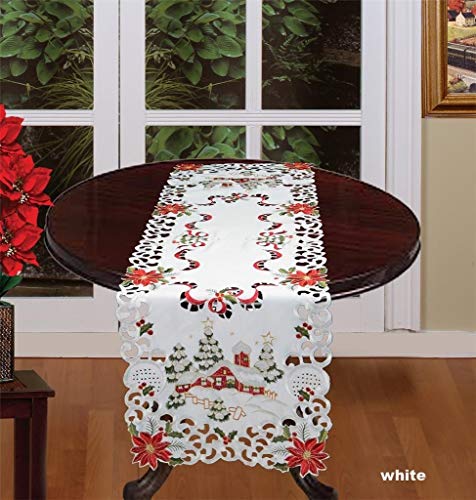 Creative Linens Holiday Christmas Table Runner 15x52 Embroidered Red Poinsettia Christmas Tree Snowy Cabin Dresser Scarf White