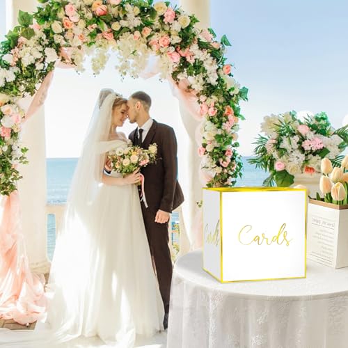 Image of White Card Box for Party, 8.7 inch Gold Foil Gift Cards Receiving Box Holder for Wedding, Bridal Shower, Graduation, Birthday, Retirement, Baby Shower, Anniversaries Party Decorations