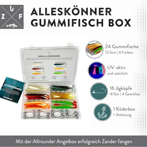 Foto von Zanderfang 40 Teile Box Gummifische mit Jigköpfen zum Zanderangeln mit Gummifisch - 24 Gummifische: 6 Farben in 12,5 cm - 16 Jigköpfe Größe 4/0 in 10-25 Gramm