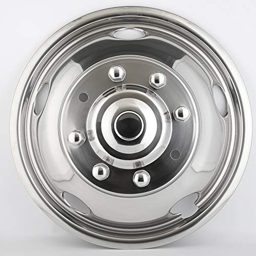 Image of 19.5 inch Polished 304 Stainless Steel Dually Wheel Simulators, 4pcs | Front & Rear, 8 Lug 5 Hand Hole, Bolt On Hub Caps, For 1999-2004 Ford F450 F550 Super Duty, Wheel Covers with Install Tools