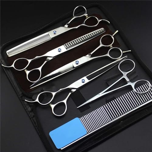 Professionelles Fellpflegescheren-Set für Haustiere, 17,8 cm, 6 Stück, inklusive Effilier- und gebogener Schere, langlebige 9CR scharfe Klingen für die Hundepflege