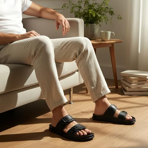 Image of BRUTON Men's STRIVO-1141 Wedge Sandals | Adjustable Buckle Toe Ring Comfort Sandals | Lightweight Cushioned Footbed | Anti-Slip Casual Outdoor & Daily Wear Footwear | Black