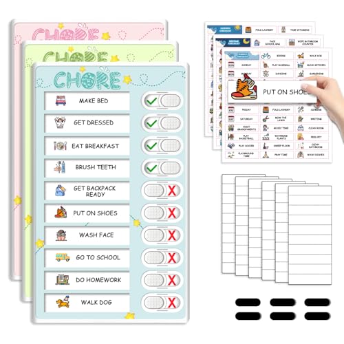 Image of Dry Erase Kids Chore Chart for 3 Kids Pink & Blue & Green - Magnetic Routine Chart with Slider Cute Chore Stickers, Morning Bedtime Daily Routine Chart for Toddlers Visual Schedule for Kid with Autism