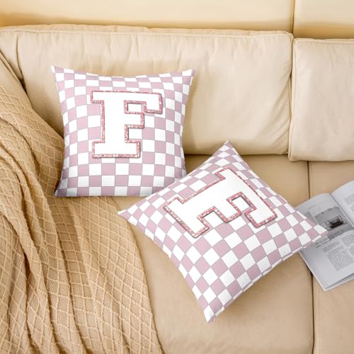 Image of Erosebridal Pink Initial F Throw Pillow Covers 16x16 Set of 2 Kawaii Plaid Checkered Pillow Covers Cute Personalized Monogram Cushion Cover Fashion Grids Gingham Pillow Cases for Couch Sofa