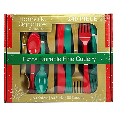 Nicole Fantini Plastic Silverware Heavyweight Combo, Disposable Flatware Red/Green/Gold Cutlery 240 pieces 80 of each Forks, Knives, Spoons Cover