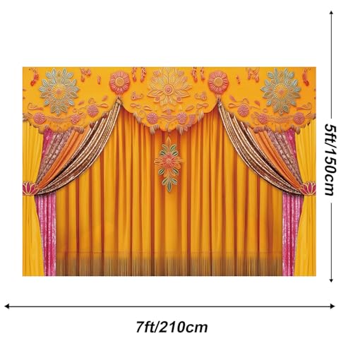 Image of Indian Backdrop 7x5ft India Pooja Marigold Yellow Curtain Photography Background for Wedding Diwali Traditional Festival Party Decorations
