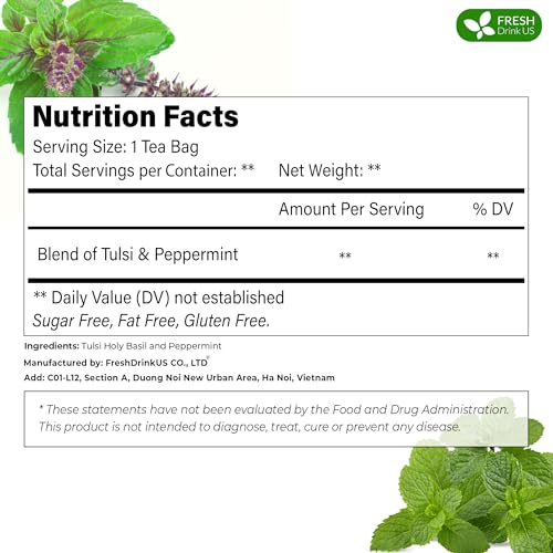 Image of FreshDrinkUS, Premium Tulsi Peppermint Herbal Tea - 135 Tea Bags, 100% Natural, Blend of Tulsi Holy Basil Leaves, and Peppermint Leaves. Made with Natural Material Tea Bags. No Sugar, Vegan.