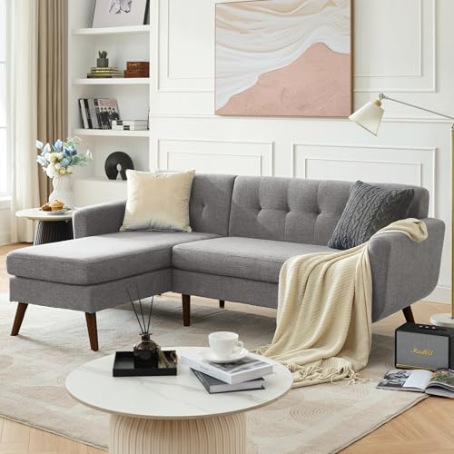 Image of Kingfun L Shaped Couch, 80 inch W Mid-Century Modern Sofa, Sectional Couches, 3 Seater Sofas with Wide Chaise Lounge, Button Tufted Upholstered Sectional Sofa for Living Room, Bedroom, Gray