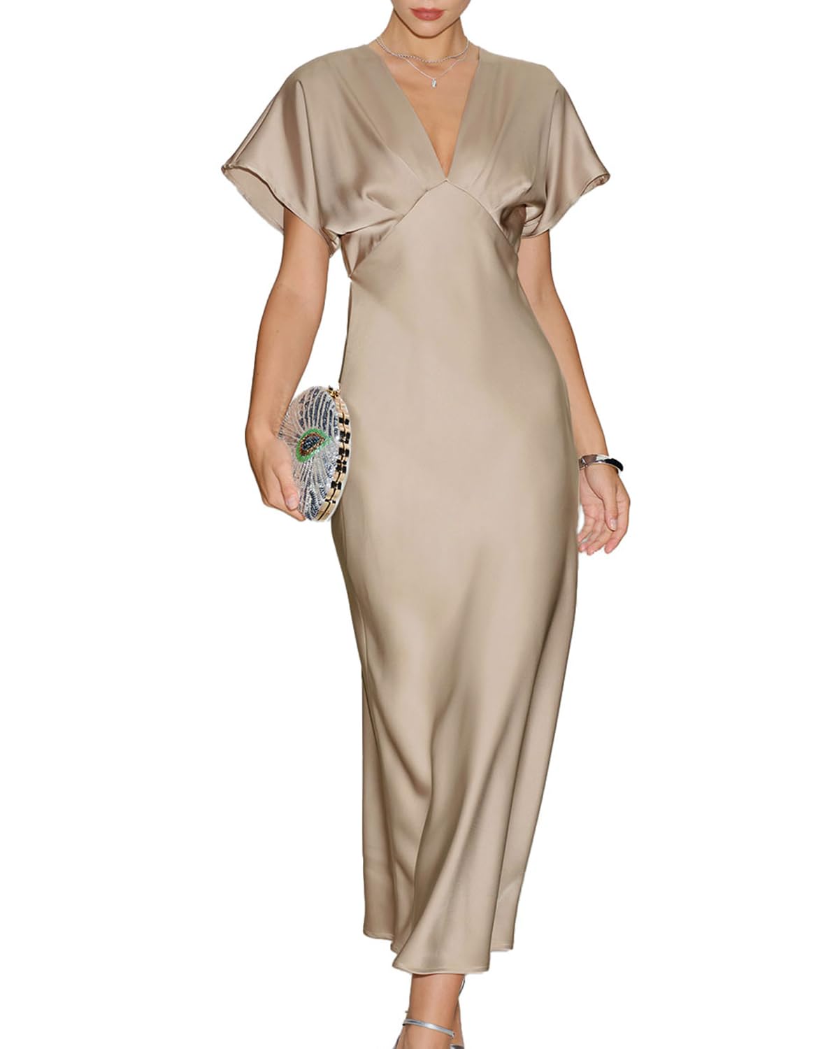 RIHOAS Women Midi Dresses V Neck Ruffled A-Line Dress Spring Fall Cocktail Dress Acetate Flowy Party Gown Wedding